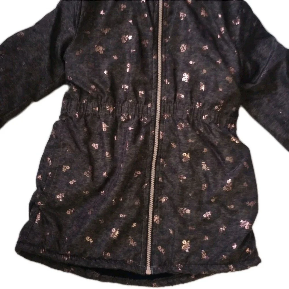 Penelope Mack Black Faux Fur Lined Hooded Coat sz 8 Girls Gold Floral Pattern